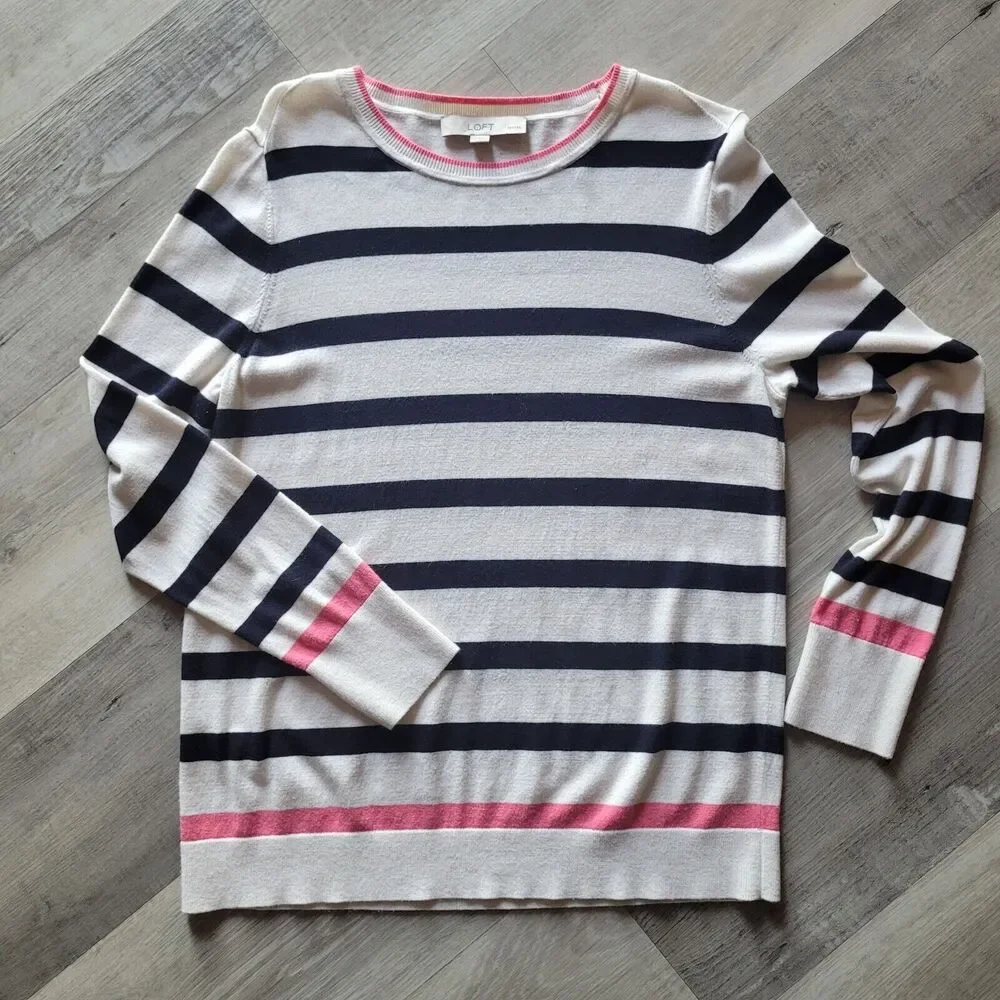 Loft Striped Sweater Petite Large Casual Nautical Career Preppy Crew Neck - Picture 1 of 7